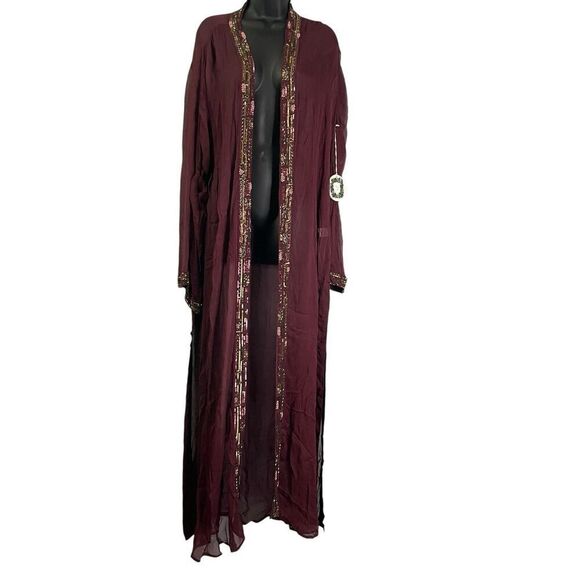 La Fuori Silk Beaded Sequin Topper Duster in Burgundy/Mauve Large Coverup - Picture 16 of 16